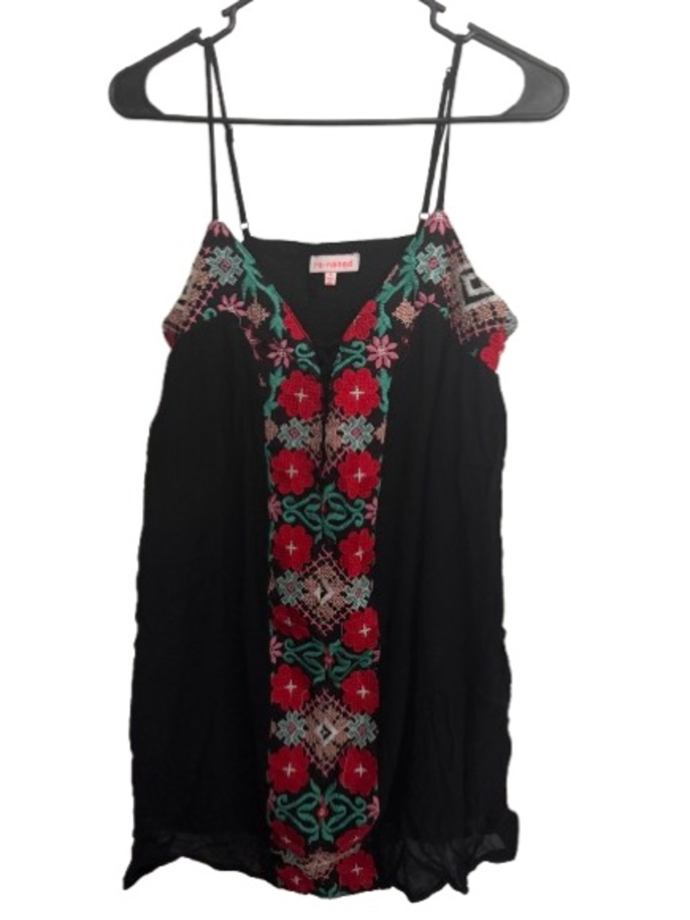 re:named Black Mini Dress with Red & Green Floral Embroidery
